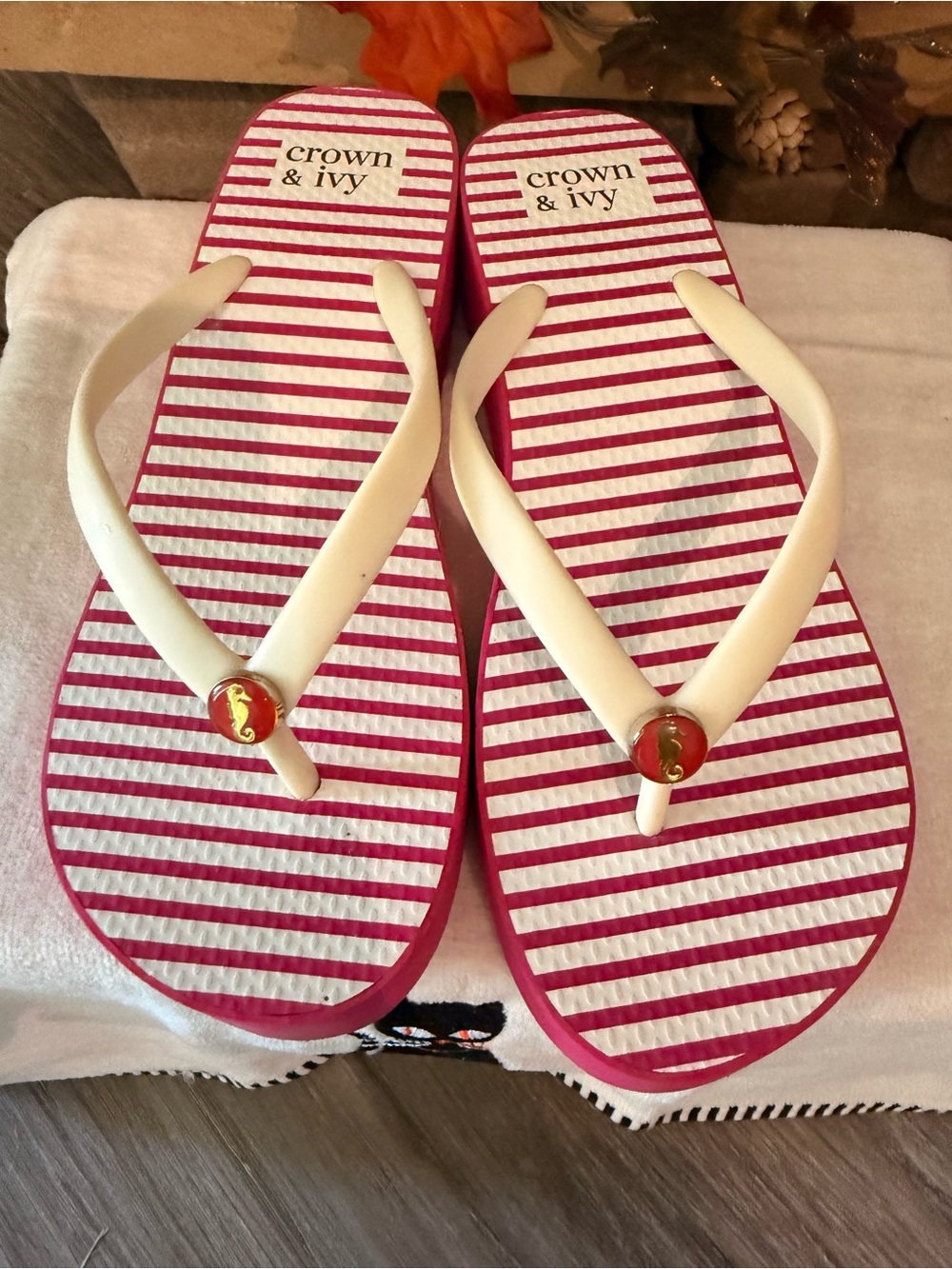 Crown & Ivy Pink and White Striped Flip Flop Sandals with Ivory Straps